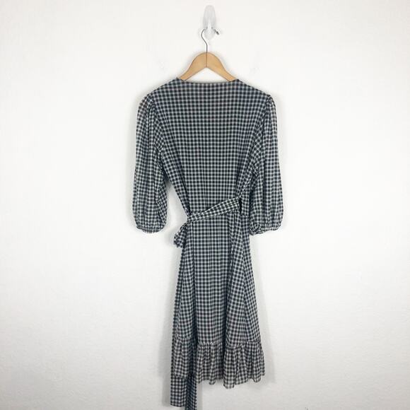 Ganni Gingham Mesh Wrap Mini Dress Size 40 Ruffle Stretch Black White Check - Picture 12 of 13